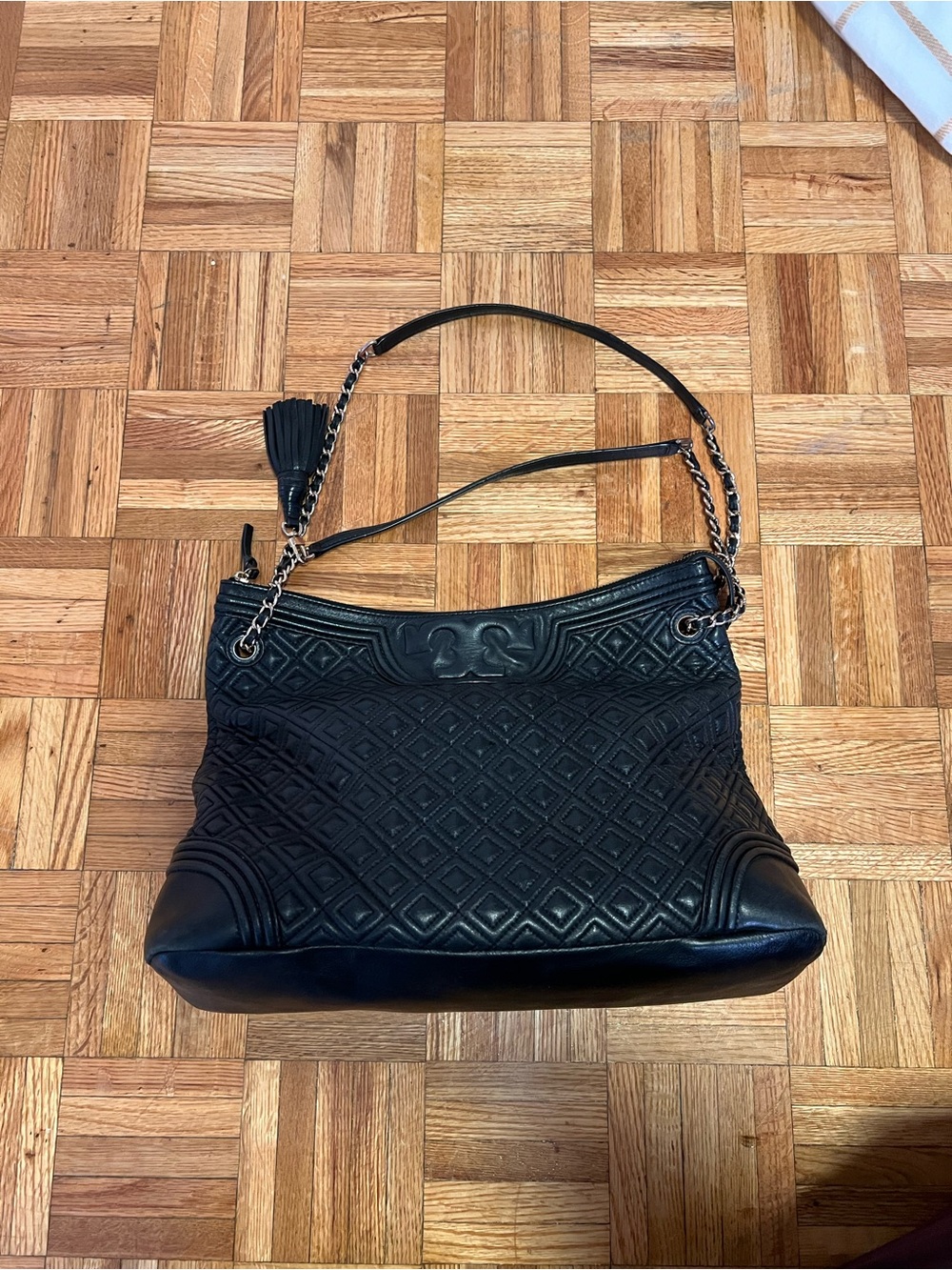Tory Burch Black Quilted Leather Shoulder Bag with Tassel